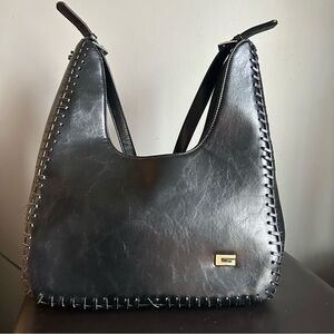 Heys Vintage ‘G Bag’ Hobo Style Black Leather Shoulder Bag Woven Seam Detail